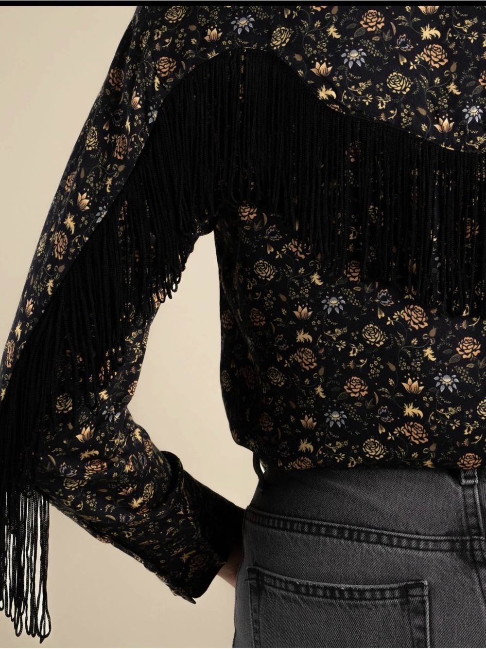 Black Floral Fringe Button-Down Western Shirt Large - Picture 2 of 4